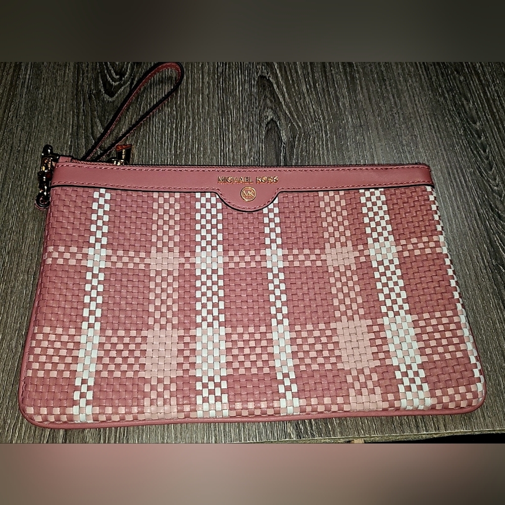 Authentic Rare Large Michael Kors Jet Set Charm Woven Wristlet rose/white/blush